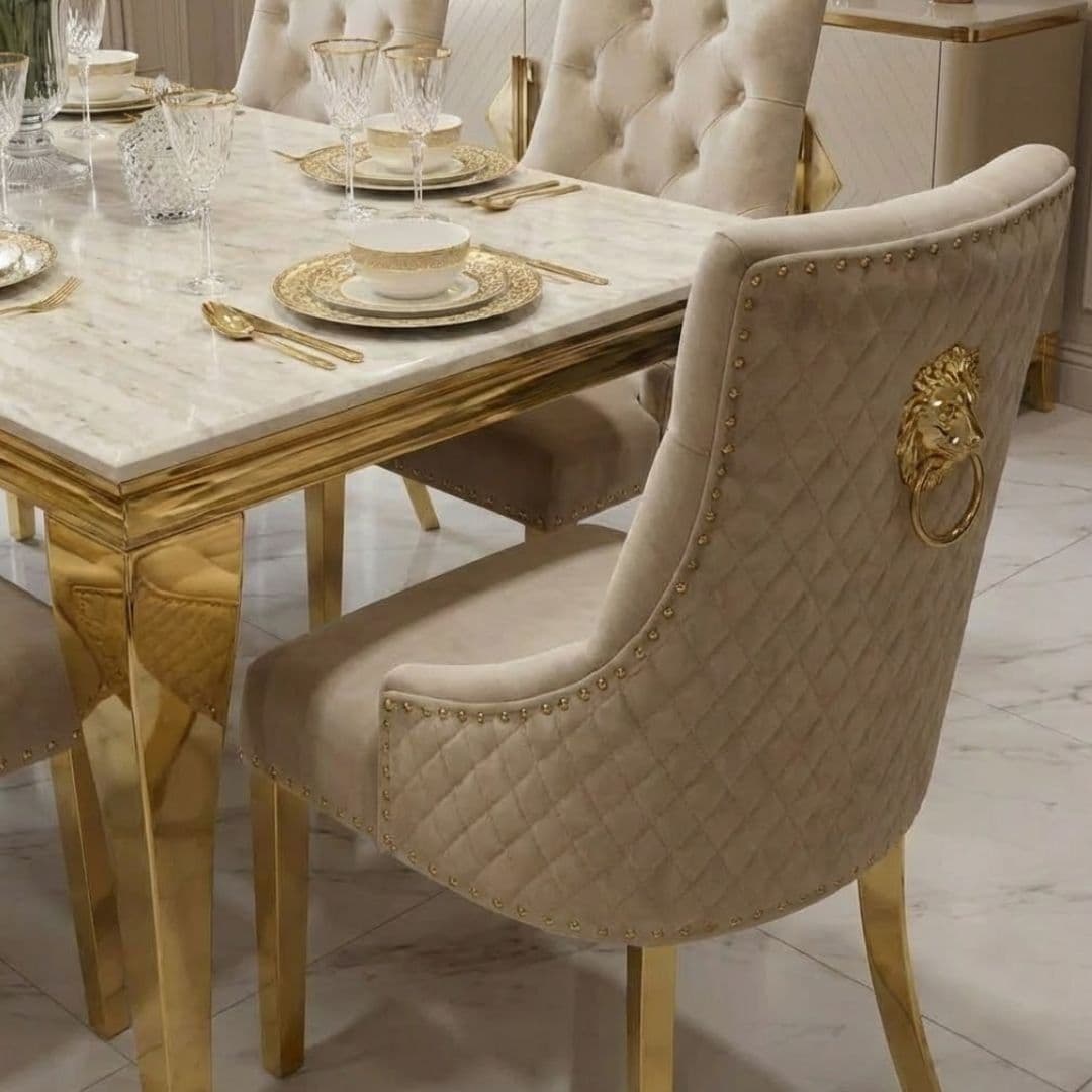 Sofia 1 6m Cream Gold Marble Dining Table & 6 Lion Back Velvet Chairs
