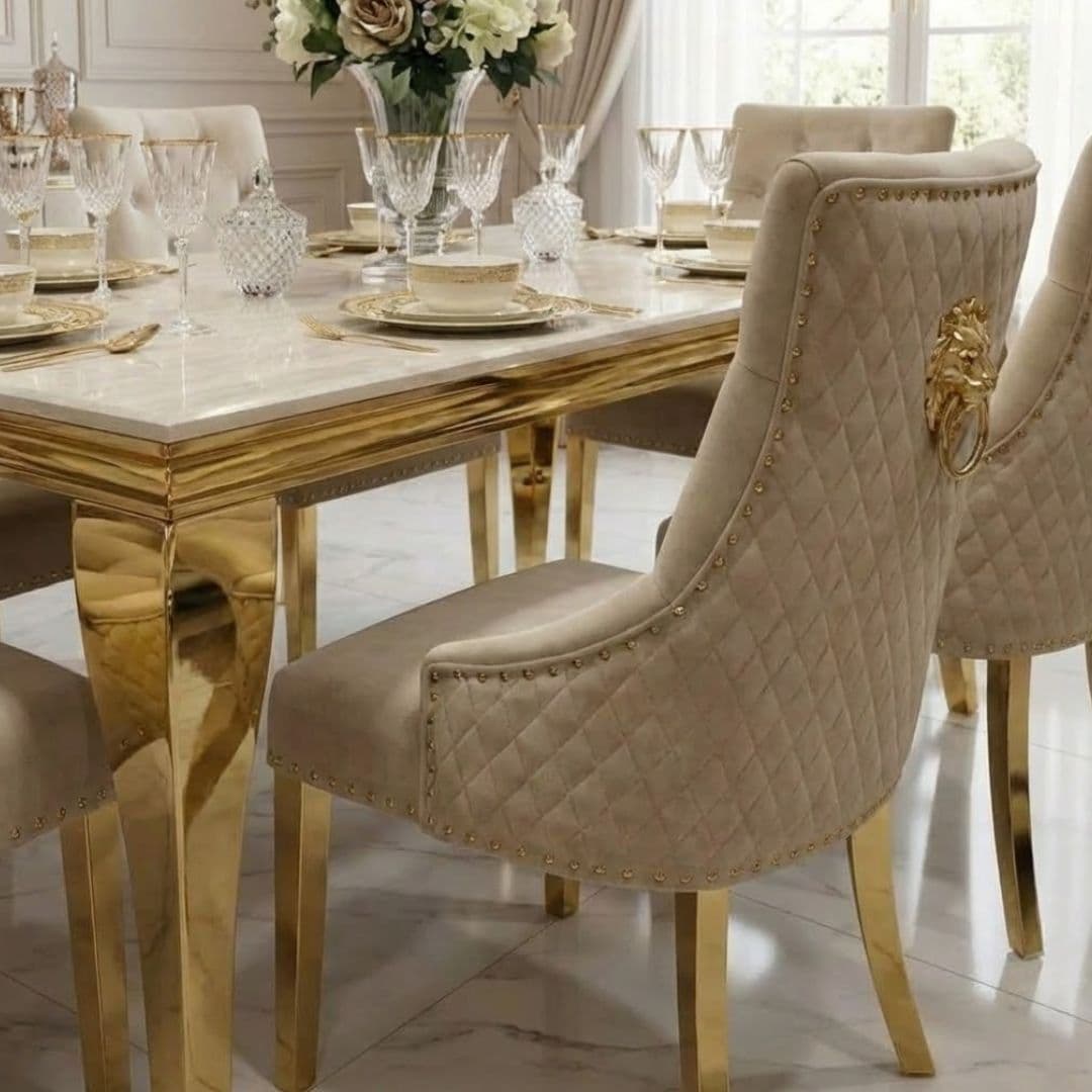 Sofia 1 6m Cream Gold Marble Dining Table & 6 Lion Back Velvet Chairs