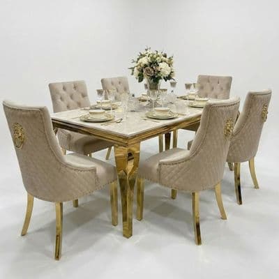 Sofia 1.6m Cream Gold Marble Dining Table & 6 Lion Back Velvet Chairs