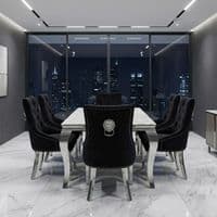 Sofia 1.6m Grey Marble Dining Table & 6 Black Minister Lion Chairs