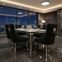 Sofia 1.6m Grey Marble Dining Table & 6 Black Minister Lion Chairs