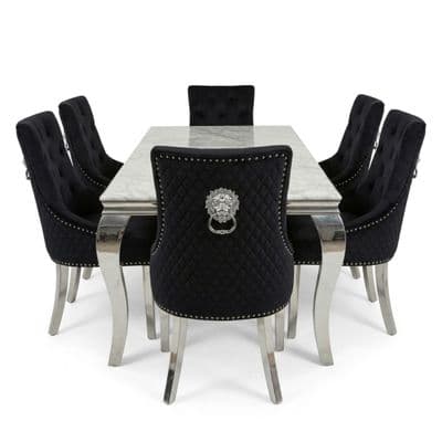 Sofia 1.6m Grey Marble Dining Table & 6 Black Minister Lion Chairs