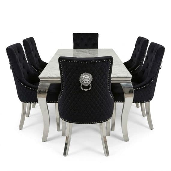 Sofia 1.6m Grey Marble Dining Table & 6 Black Minister Lion Chairs