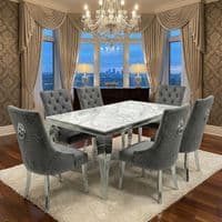 Sofia 1.6m Grey Marble Dining Table & 6 Minister Grey Lion Chairs