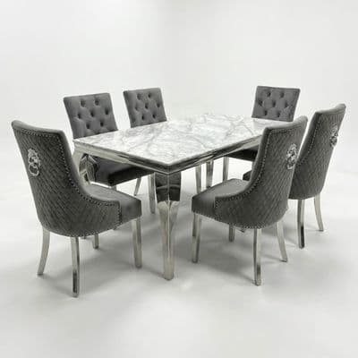Sofia 1.6m Grey Marble Dining Table & 6 Minister Grey Lion Chairs