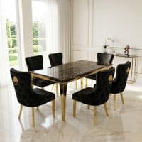 Sofia 1.8m Black & Gold Marble Table & 6 Victoria Black Lion Chairs