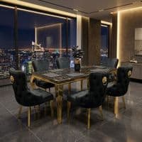 Sofia 1.8m Black & Gold Marble Table & 6 Victoria Black Lion Chairs