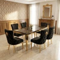 Sofia 1.8m Black & Gold Marble Table & 6 Victoria Black Lion Chairs