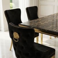 Sofia 1.8m Black & Gold Marble Table & 6 Victoria Black Lion Chairs