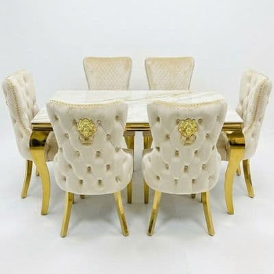 Sofia 1.8m Cream & Gold Marble Table & 6 Victoria Mink Lion Chairs