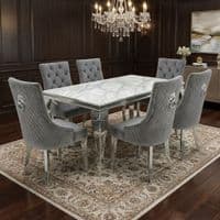 Sofia 1.8m Grey Marble Dining Table & 6 Minister Grey Lion Chairs