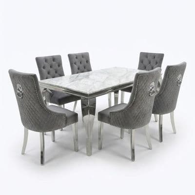 Sofia 1.8m Grey Marble Dining Table & 6 Minister Grey Lion Chairs