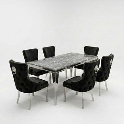 Sofia 1.8m Grey Marble Dining Table & 6 Victoria Black Silver Chairs