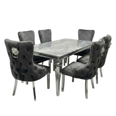 Sofia 1.8m Grey Marble Dining Table & 6 Victoria Grey Silver Chairs