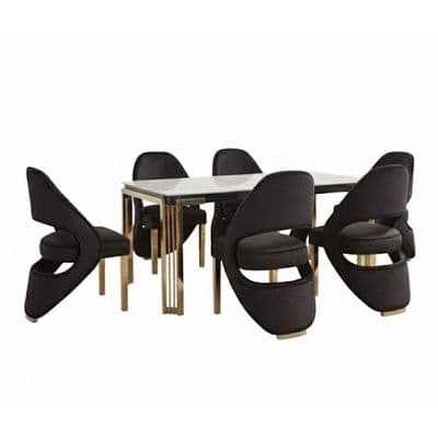Sorrento White Marble 180cm Table & 6 Santorini Black & Gold Chairs