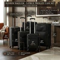 Sunrise Bags 5-Piece Trolley Luggage Set Lightweight Black Suitcases