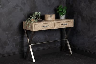 Taupe Faux Snake Leather 2 Drawer Console Table-Horn Handle