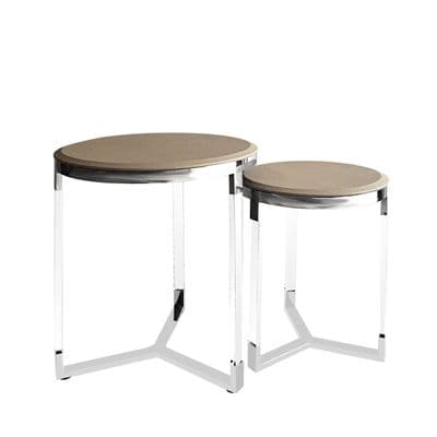 Taupe Round Steel Faux Litchi Grain End Tables set of 2