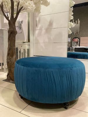 Teal Blue Round Pouffe Ribbed Side Design