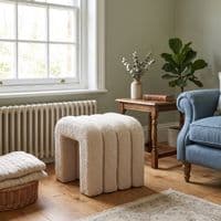 Teddy Arch Footstool White Plush Boucle Accent Seat for Living Room