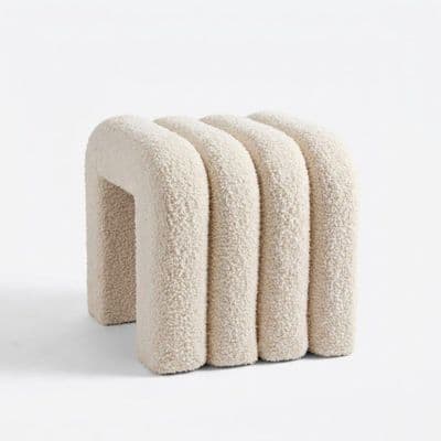 Teddy Arch Footstool White Plush Boucle Accent Seat for Living Room
