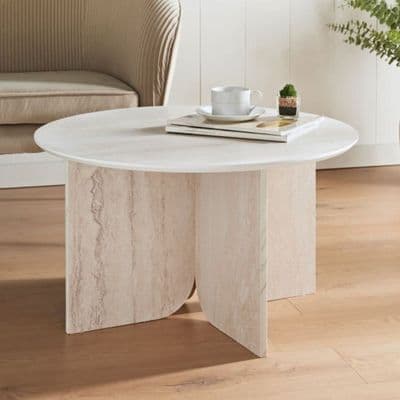 Travertine Effect Round Coffee Table - Modern Stone Style 70cm