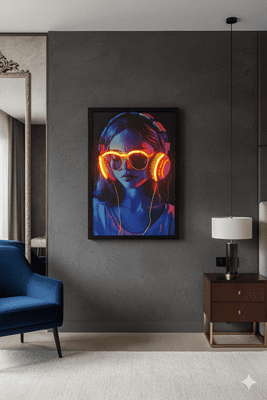 Vaporwave Girl Neon LED Wall Art - 40x60cm Canvas with Headphones
