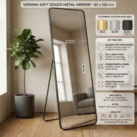 Verona Black Soft Edged Metal Mirror - 60x165cm Modern Full Length