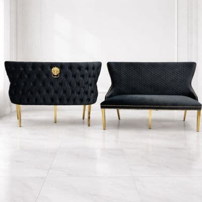Victoria Black Shimmer Fabric Luxury Bench with Gold Lion Knocker