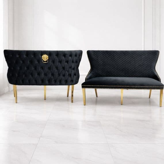 Victoria Black Shimmer Fabric Luxury Bench with Gold Lion Knocker