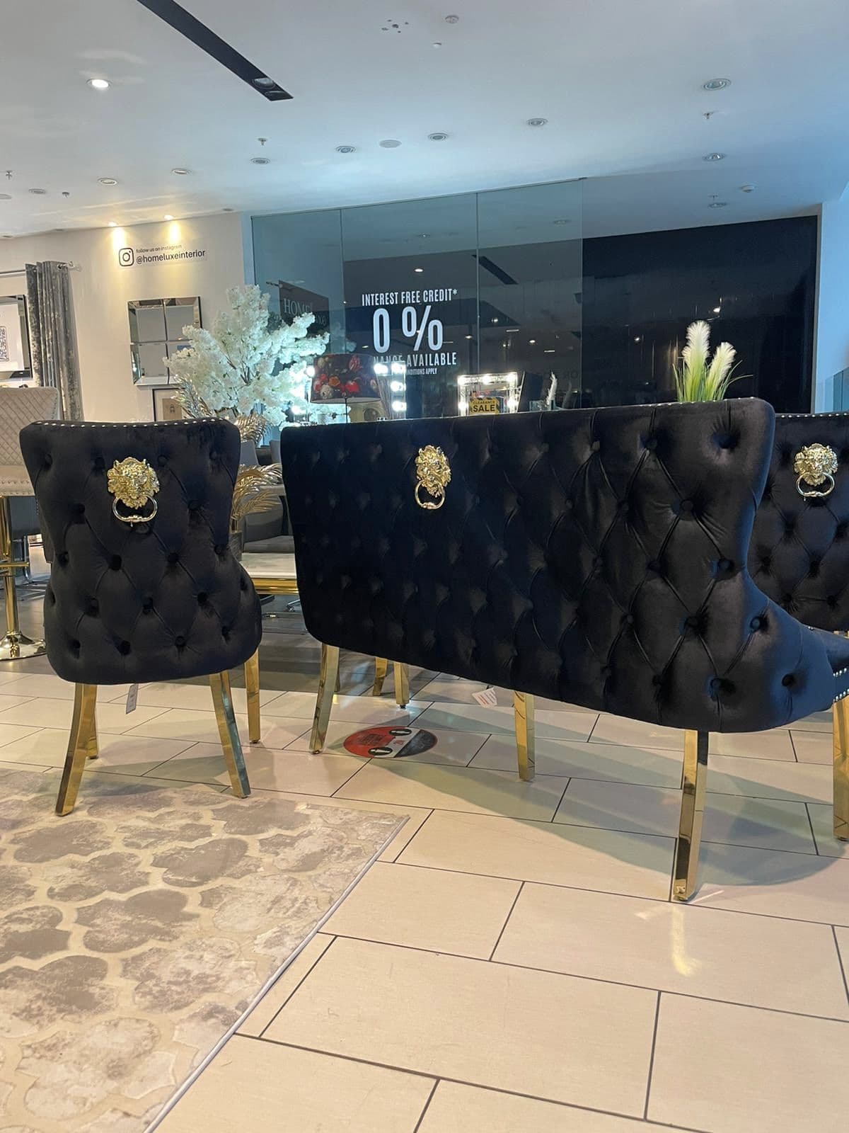 Victoria Black Velvet Dining Bench With Gold Lion Knocker