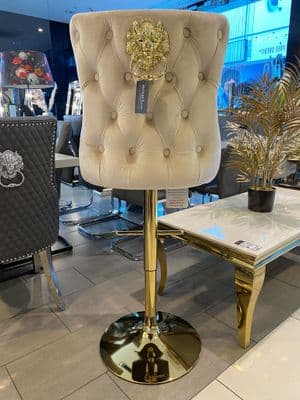 Victoria Cream Velvet Barstool With Gold Lion Knocker