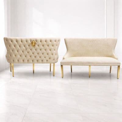 Victoria Mink Shimmer Fabric Luxury Bench with Gold Lion Knocker