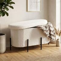 White Boucle Curved Storage Ottoman Bench with Black Metal Legs