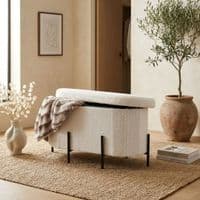 White Boucle Curved Storage Ottoman Bench with Black Metal Legs