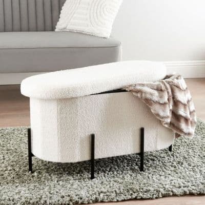 White Boucle Curved Storage Ottoman Bench with Black Metal Legs