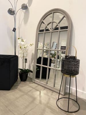 Wooden Arch Window Style Wall Mirror In Grey
