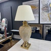 XL Cream & Gold Marble Table Lamp with Pleated Shade 104cm Tall