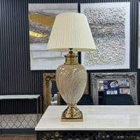 XL Cream & Gold Marble Table Lamp with Pleated Shade 104cm Tall