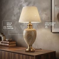 XL Cream & Gold Marble Table Lamp with Pleated Shade 104cm Tall
