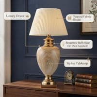 XL Cream & Gold Marble Table Lamp with Pleated Shade 104cm Tall