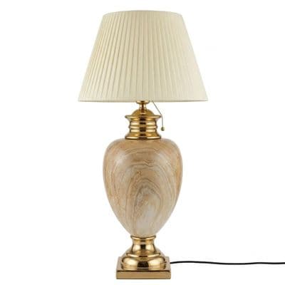XL Cream & Gold Marble Table Lamp with Pleated Shade 104cm Tall