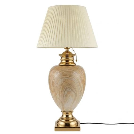 XL Cream & Gold Marble Table Lamp with Pleated Shade 104cm Tall
