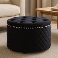 Zamora Round Black Velvet Ottoman - Button Tufted with Stud Detail