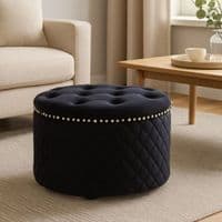 Zamora Round Black Velvet Ottoman - Button Tufted with Stud Detail