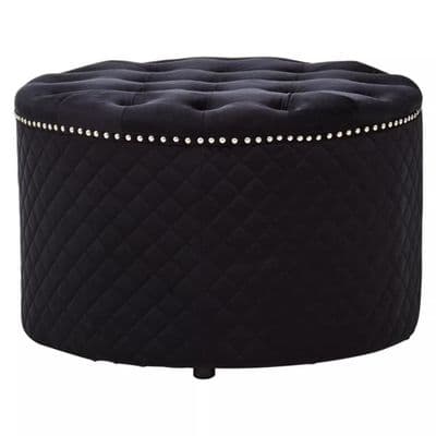 Zamora Round Black Velvet Ottoman - Button Tufted with Stud Detail