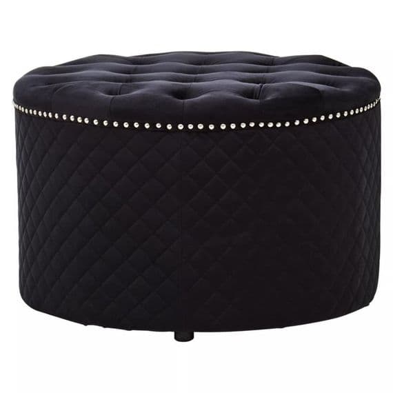 Zamora Round Black Velvet Ottoman - Button Tufted with Stud Detail
