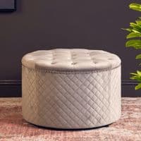 Zamora Round Grey Velvet Ottoman with Button Tufting & Stud Detail