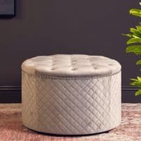 Zamora Round Grey Velvet Ottoman with Button Tufting & Stud Detail