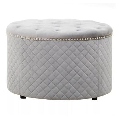 Zamora Round Grey Velvet Ottoman with Button Tufting & Stud Detail